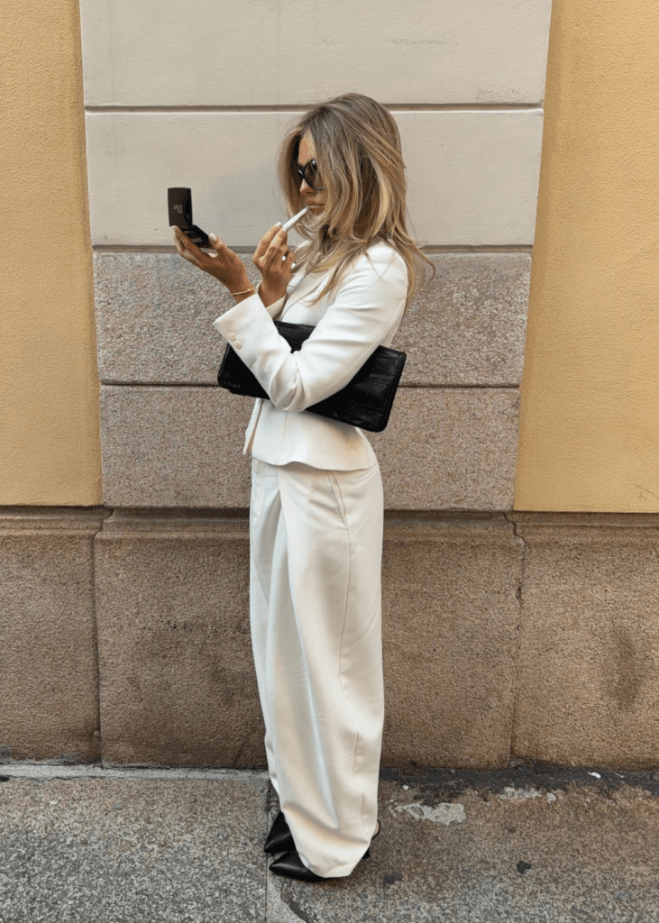 Sophisticated Ivory Suit with Wide-Leg Trousers — Winter Outfits for Women Over 40