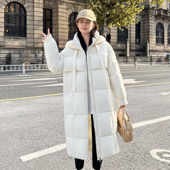 White Puffer Coat with Black Accents — Long Puffer Coat Outfits