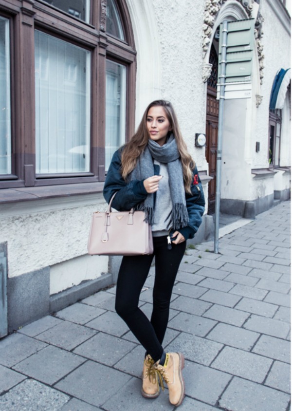 Bomber Jacket and Scarf with Fitted Jeans and Timberlands — Timberland Boots Outfits