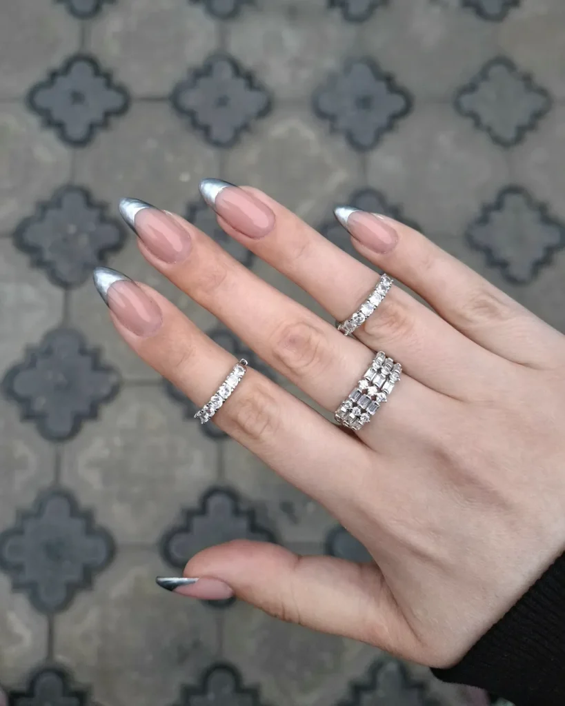 Silver French Tips On All Nails Classic Silver Chrome French — Silver Chrome Nails