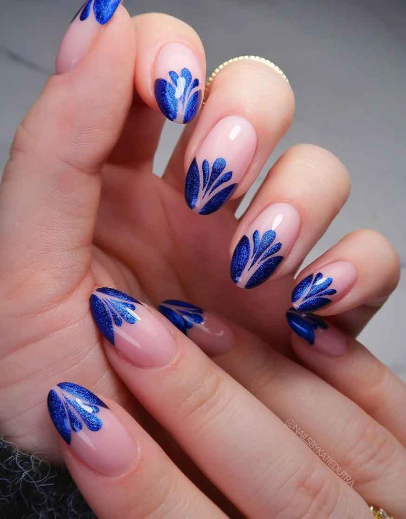 Sheer Nude with Blue Leaf and French Tip Sheer Nude with Blue Leaf and French Tip — Winter Nail Colors for Women Over 50