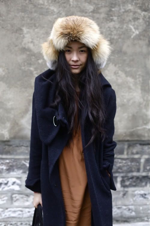 Tan and Brown Fur Hat with Navy Wool Coat — Fur Hat Outfits