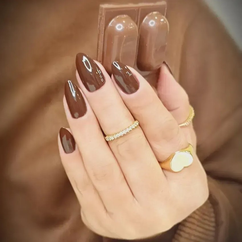 Milk Chocolate Brown Glossy Almond Nails Milk Chocolate Brown Glossy Almond Nails — Winter Nail Colors