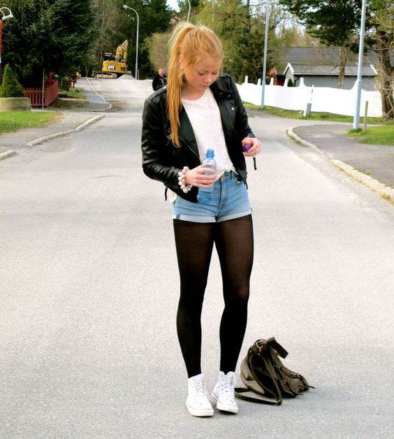 Black Opaque Tights with Denim Shorts and a Leather Jacket — Tights Outfits