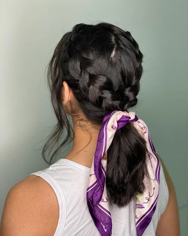 Thick Dark Brown Braid with Integrated Scarf Thick Dark Brown Braid with Integrated Scarf — Winter Hairstyles with Scarf