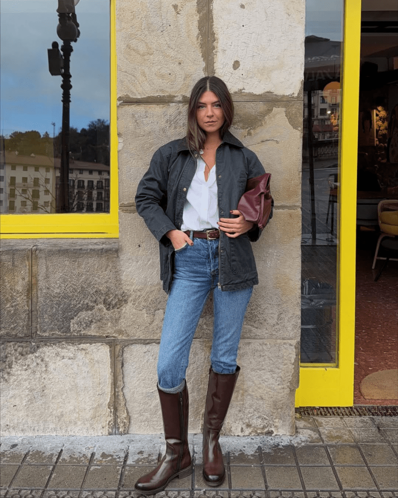 Utility Jacket with Denim and Knee-High Boots — Winter Teacher Outfits