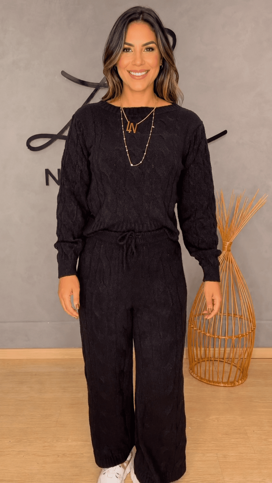 Black Cable-Knit Sweater Set Loungewear — Classy Winter Outfits