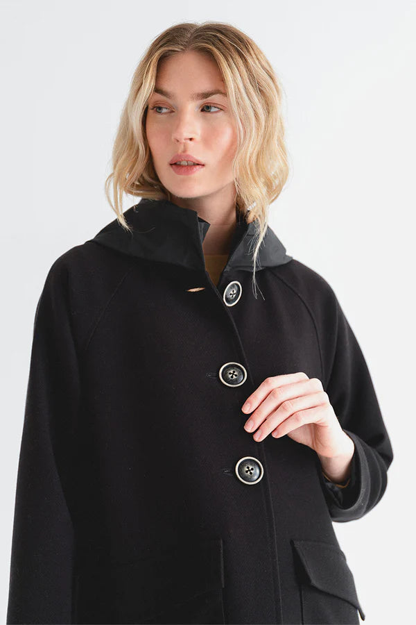 Black Hooded Peacoat with Contrasting Hood Detail — Peacoat Outfits
