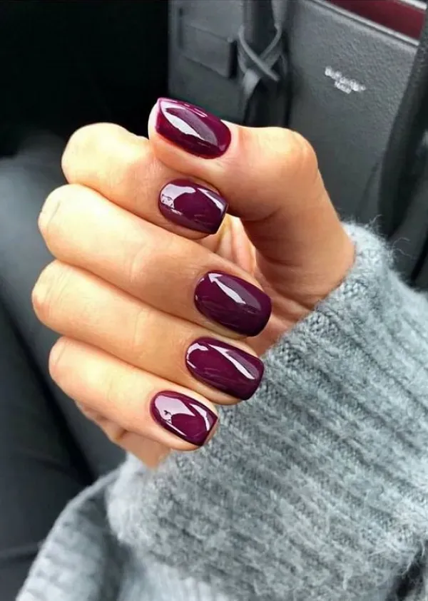 Short Oval Deep Plum High Gloss Nails — Everyday Winter Nails