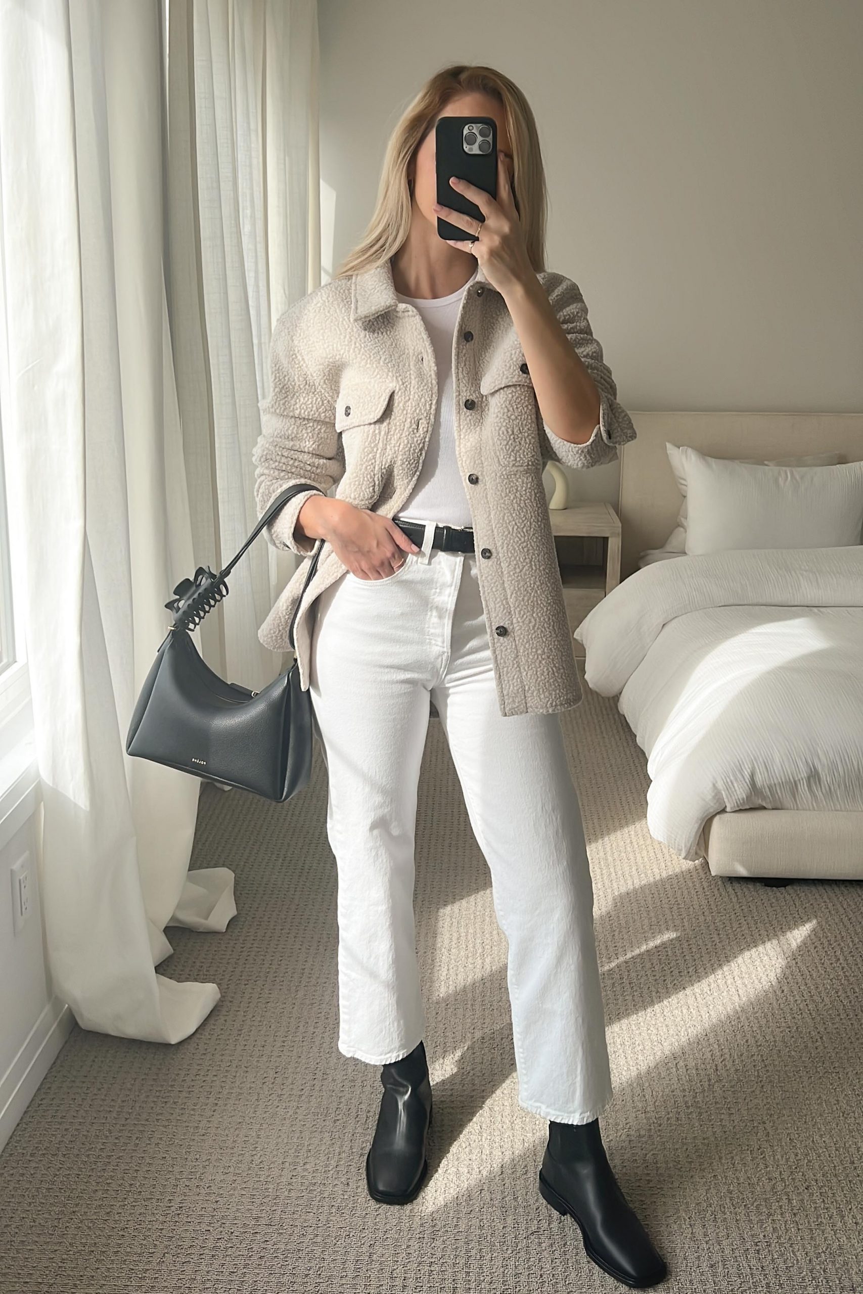 Relaxed Fall Style with a Textured Shacket and White Denim — Fall to Winter Outfits