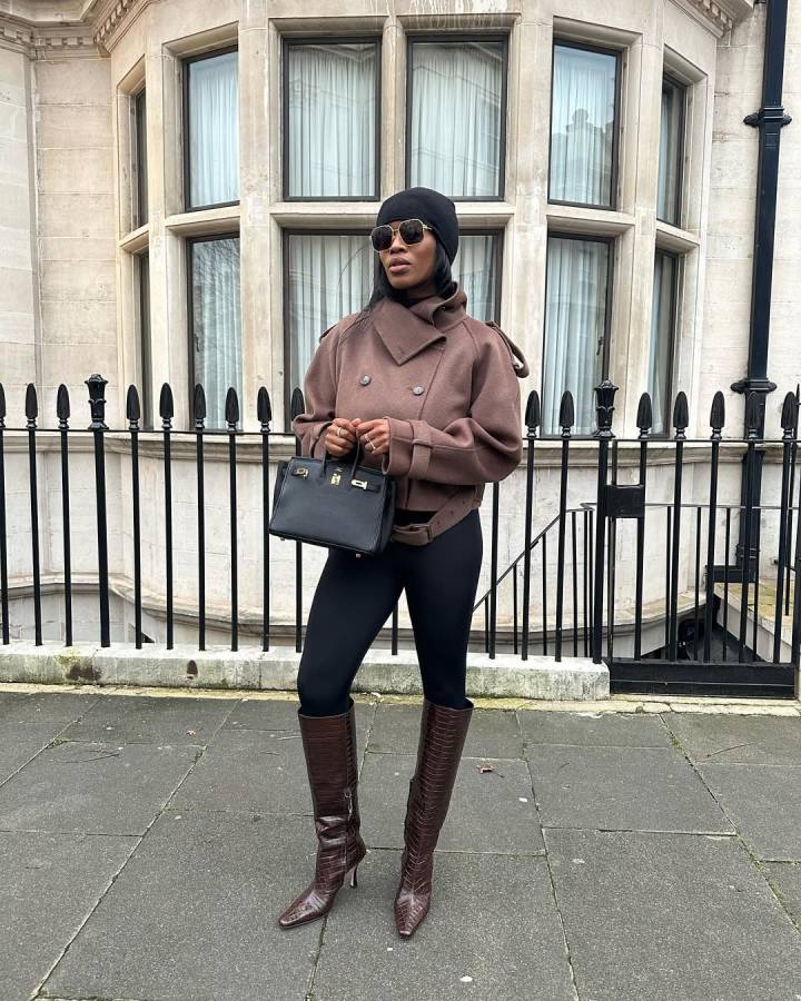 Textured Style with Croc-Effect Boots and Cropped Jacket — Knee High Boots Outfits