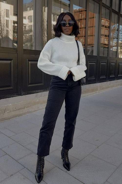 White Ribbed Turtleneck Paired with Charcoal Grey Jeans — Winter Work Outfits