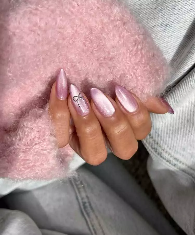 Pink Shimmer With Silver Bow — Velvet Nails