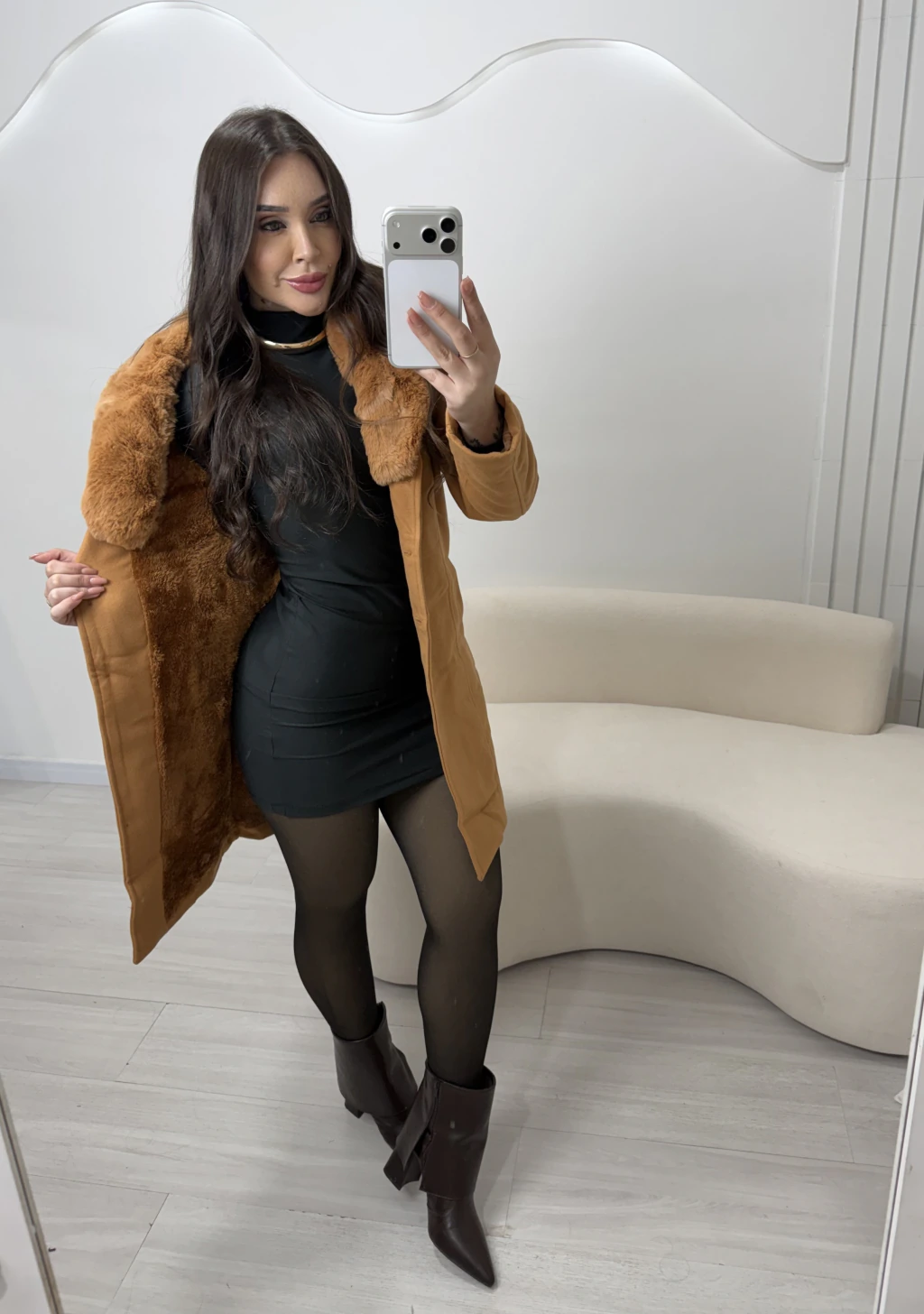 Tan Faux Fur Trimmed Coat for Casual Wear Wool Coat Outfits