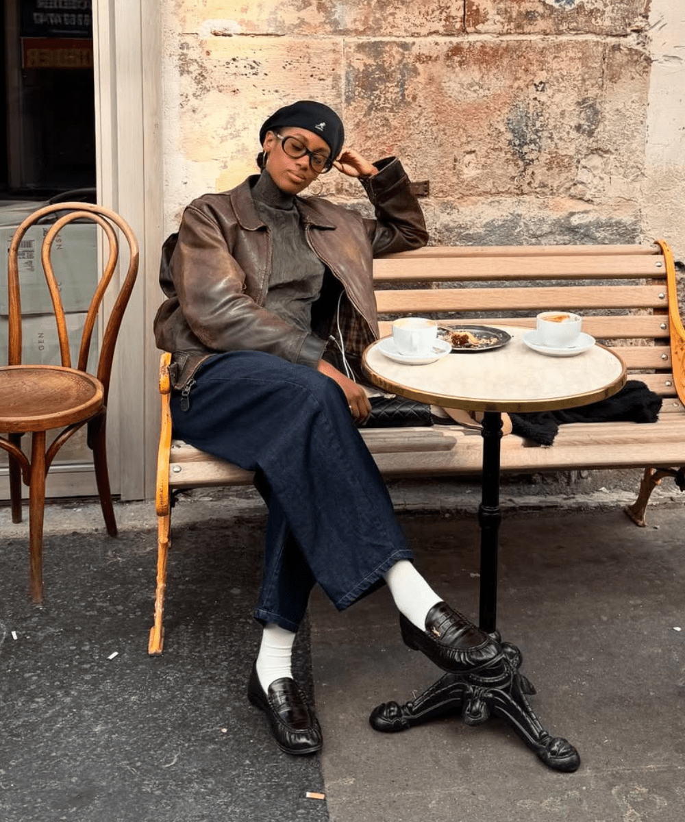 Monochromatic Touch: Brown Leather Jacket with Green Turtleneck — Brown Coat Outfits