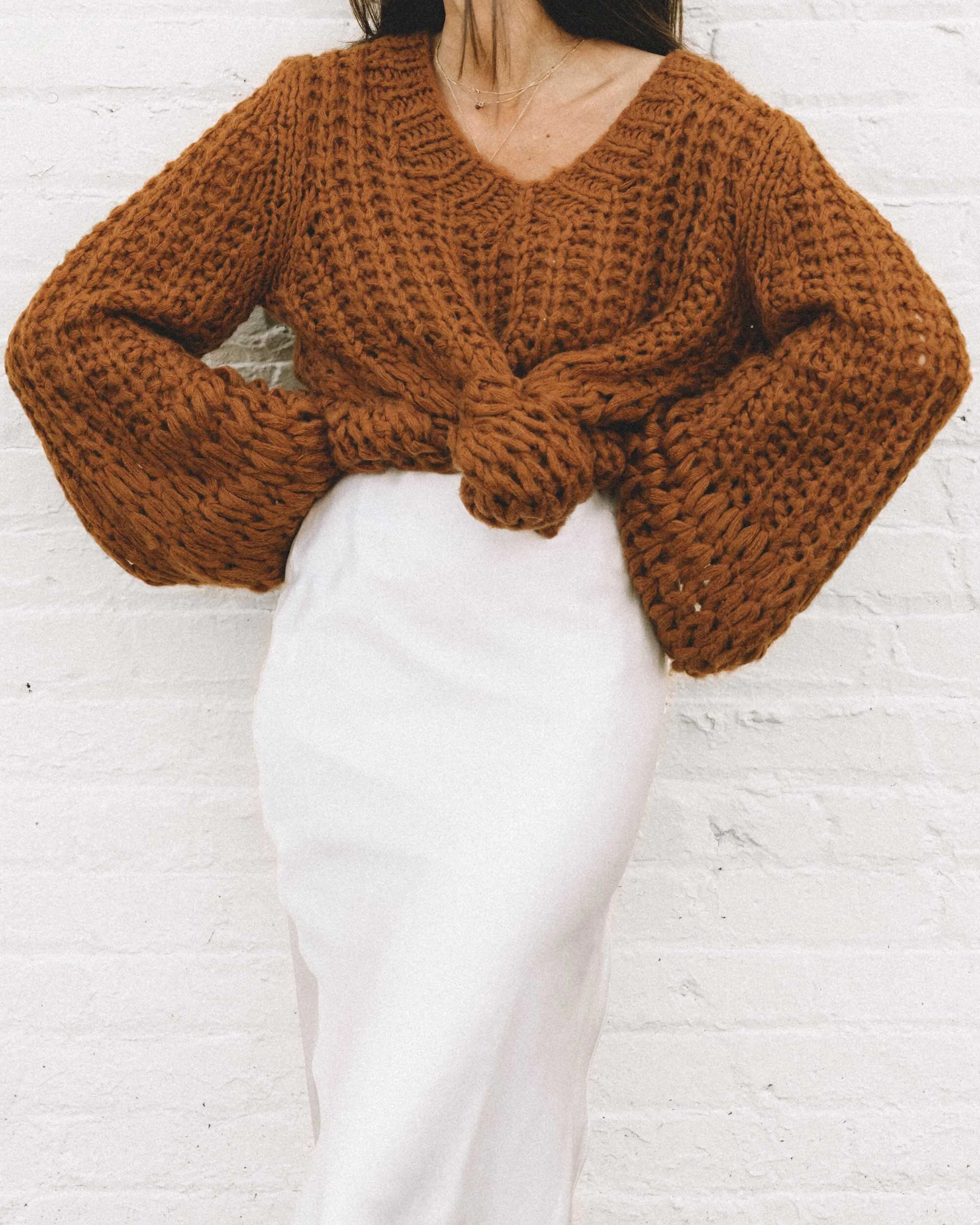 Brown Chunky Knit Sweater with White Silk Skirt — Oversized Sweater Outfits