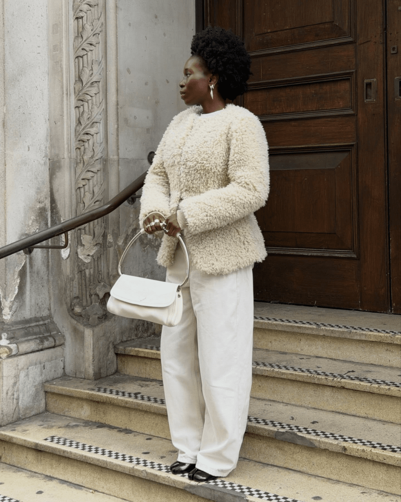 Off-White Teddy Jacket with Cream Trousers and Black Flats — Teddy Coat Outfits