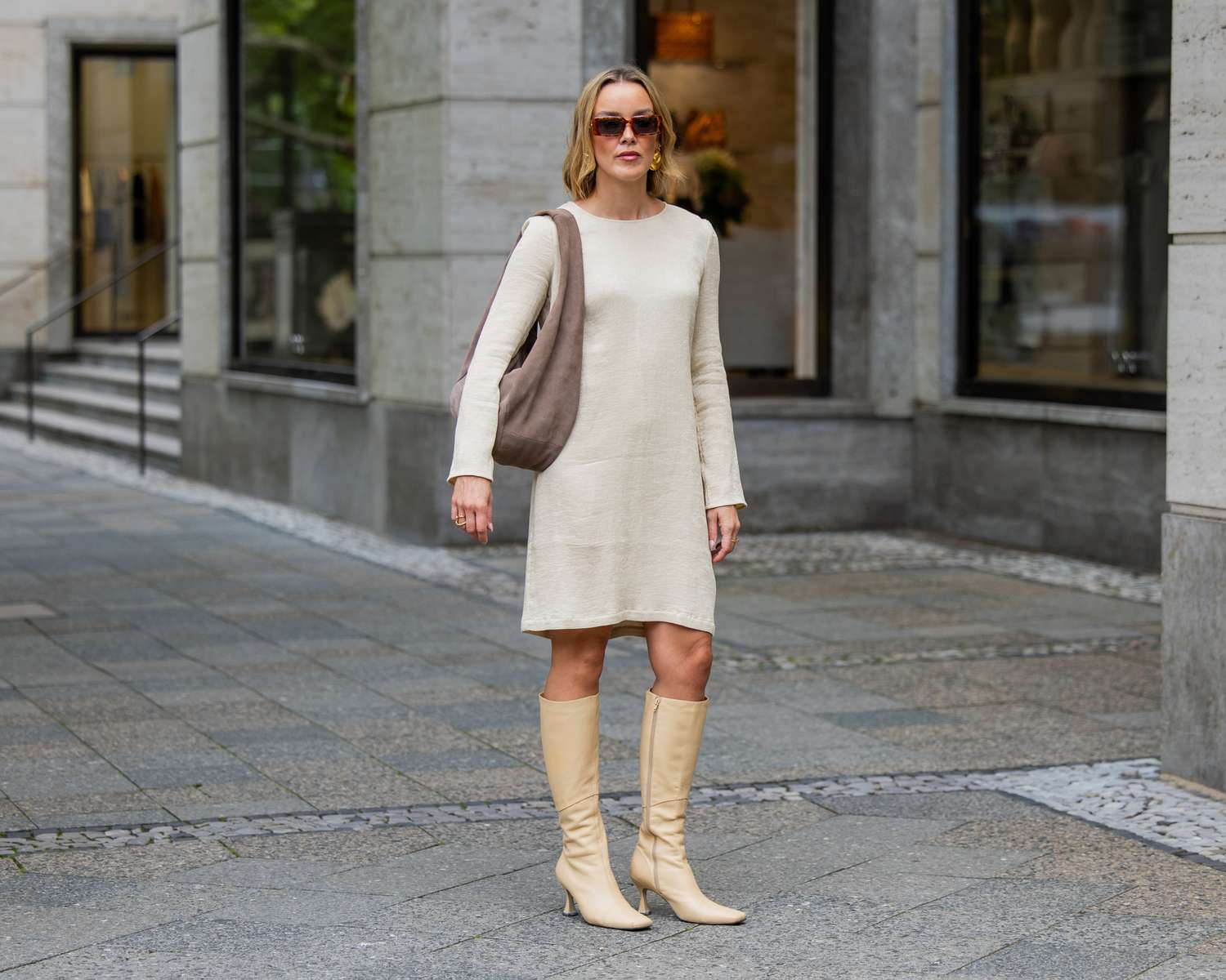 Cream Knit Dress with Beige Slouchy Knee-High Boots — Slouchy Boots Outfits
