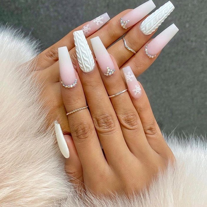 White Cable Knit Coffin Nails — Long Winter Nails