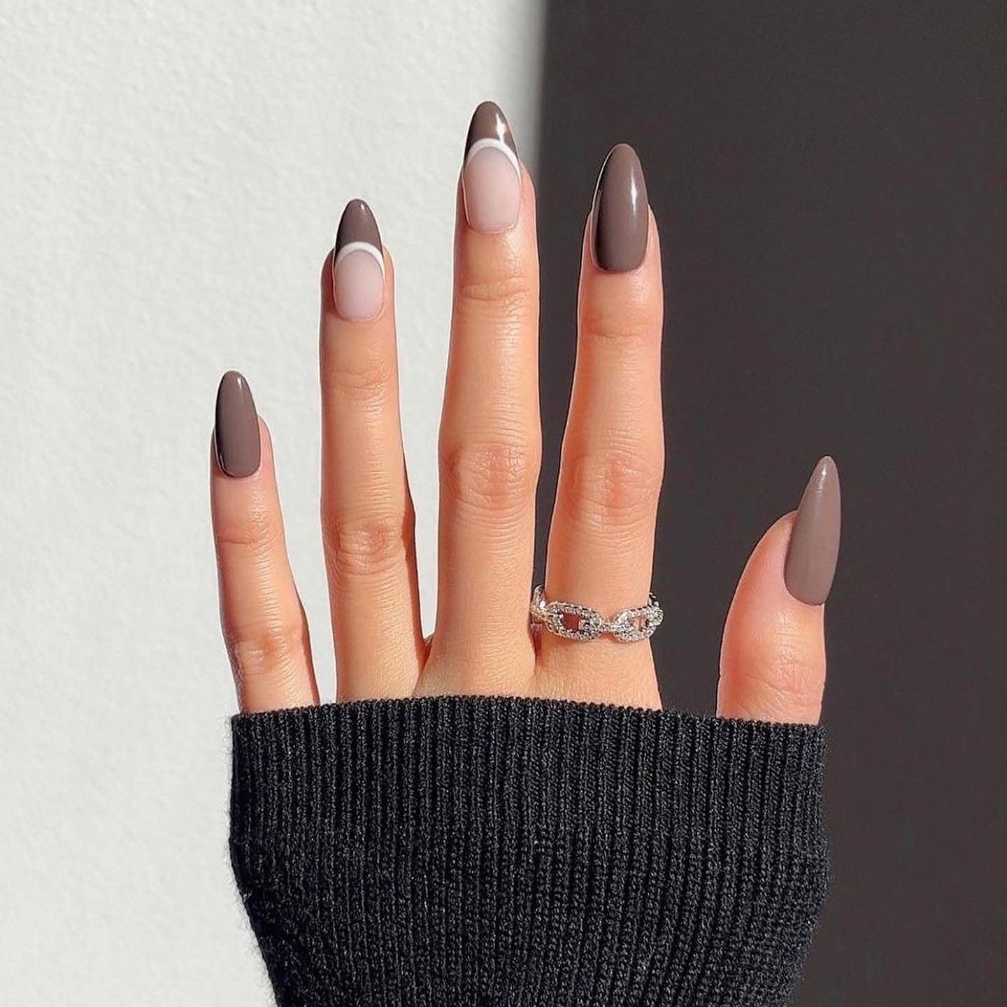 Modern French Tip Medium Brown Stiletto Nails Modern French Tip Medium Brown Stiletto Nails — Winter Nail Colors