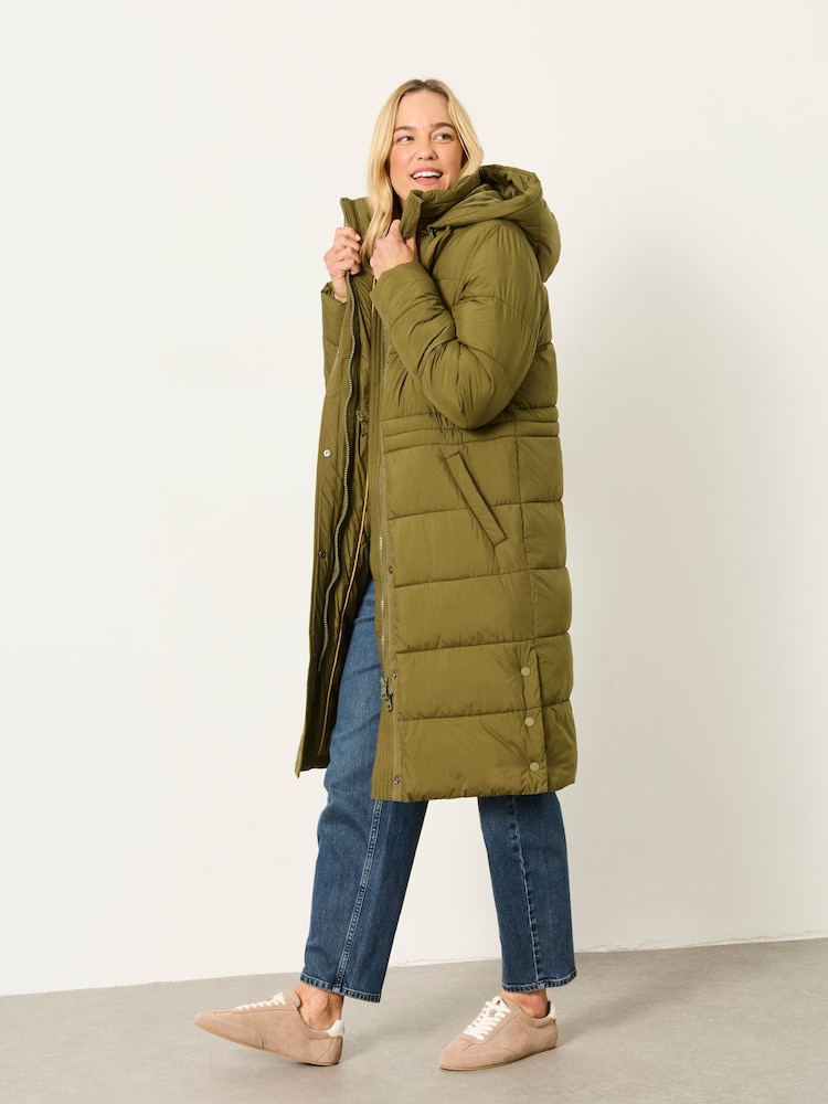 Olive Green Puffer with Jeans and Sneakers — Long Puffer Coat Outfits