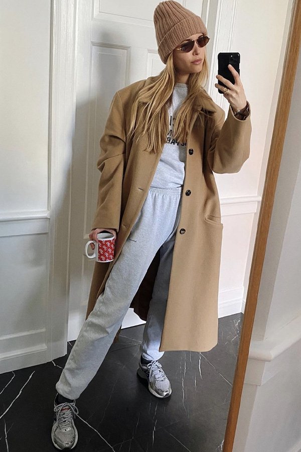 Camel Coat Over Grey Loungewear with Beanie and Sunglasses Camel Coat Over Grey Loungewear with Beanie and Sunglasses — Dressy Winter Outfits