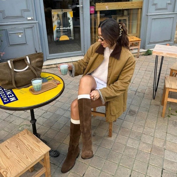 Textured Casual Outfit with Brown Suede Knee-High Boots — Suede Boots Outfits