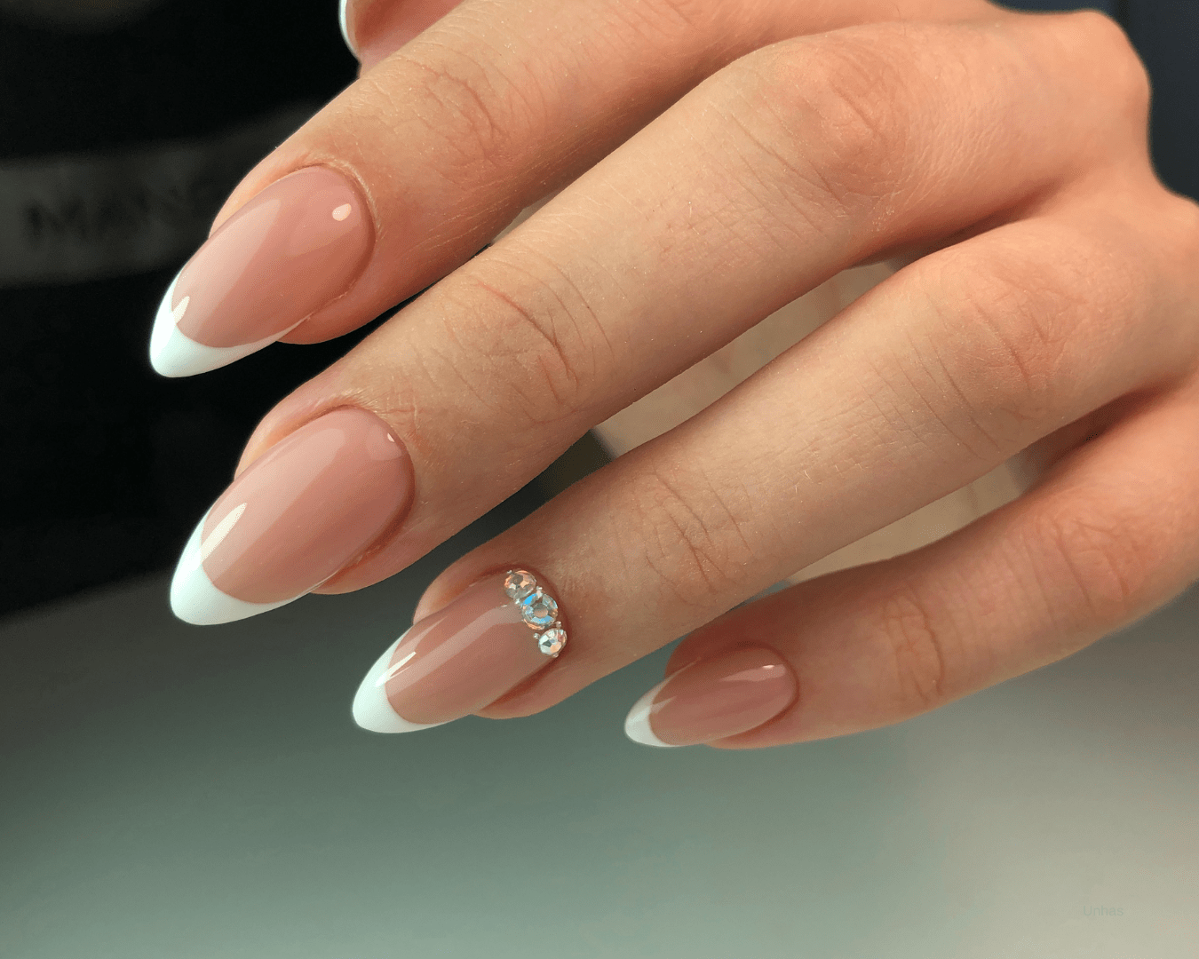 French Manicure with Rhinestone Accent — Short Winter Acrylic Nails