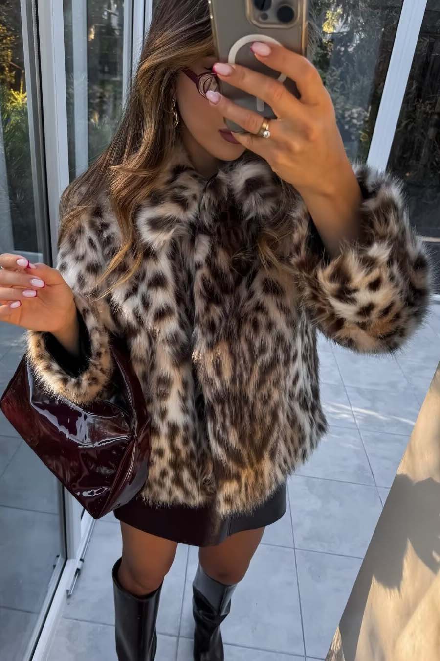 Cropped Leopard Jacket with Mini Skirt and Knee-High Boots Cropped Leopard Jacket with Mini Skirt and Knee-High Boots — Leopard Coat Outfits