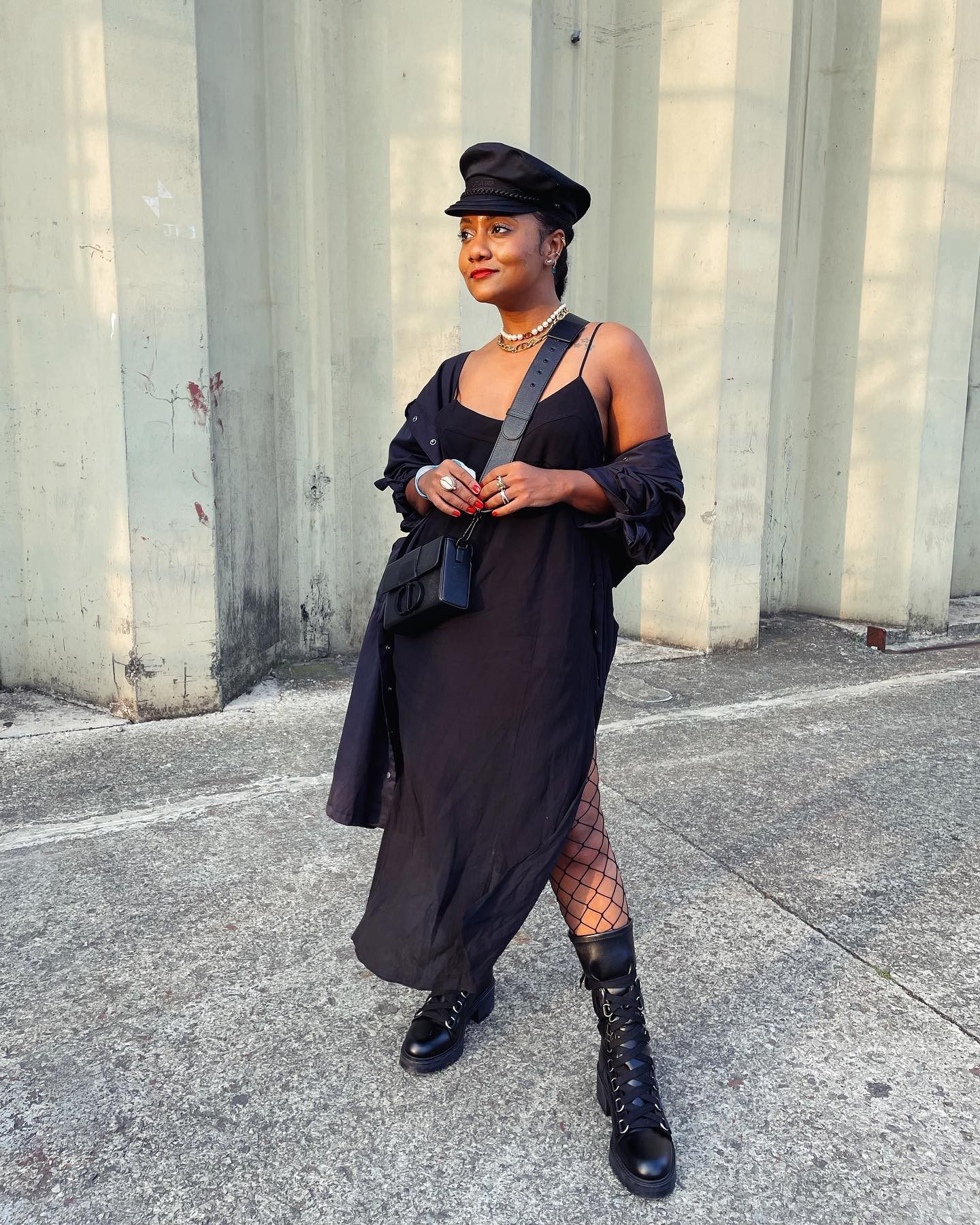 Edgy Evening Style with Slip Dress and Fishnet Tights Edgy Evening Style with Slip Dress and Fishnet Tights — Combat Boots Outfits