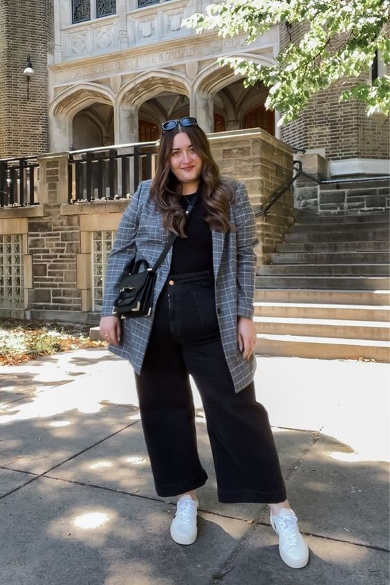 Plaid Blazer Over T-Shirt for a Smart-Casual Teacher Look — Winter Teacher Outfits