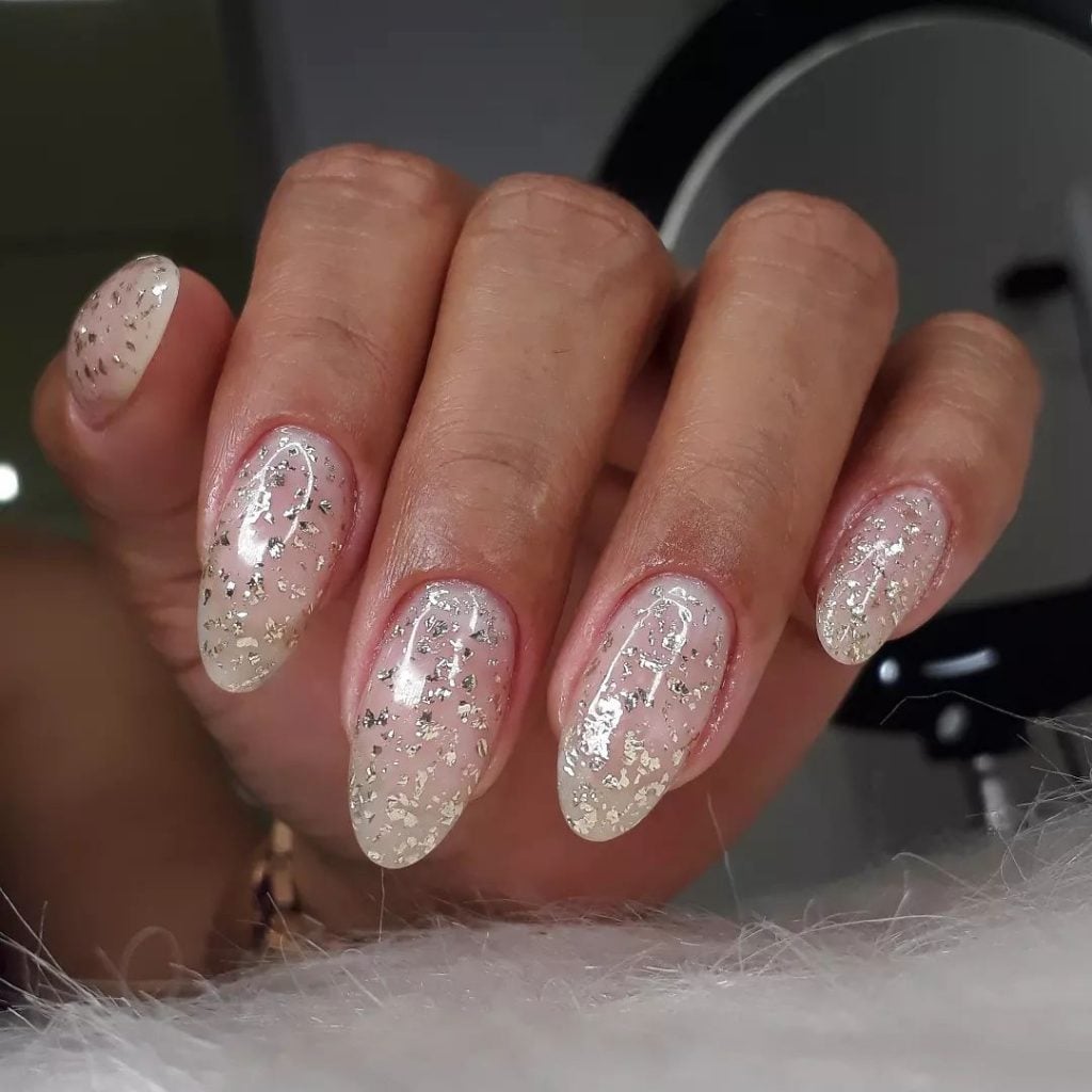 Milky White Foil Flake Almond Nails — Short Winter Almond Nails