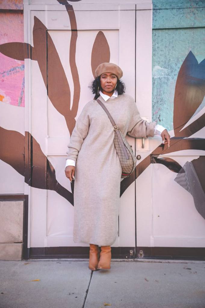 Oversized Beige Knit Midi Dress Layered Over a White Shirt — Winter Dress Outfits
