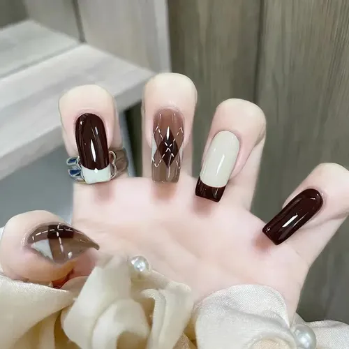 Argyle Mix Dark Brown Cream French Argyle Mix Dark Brown Cream French — Fall to Winter Nails