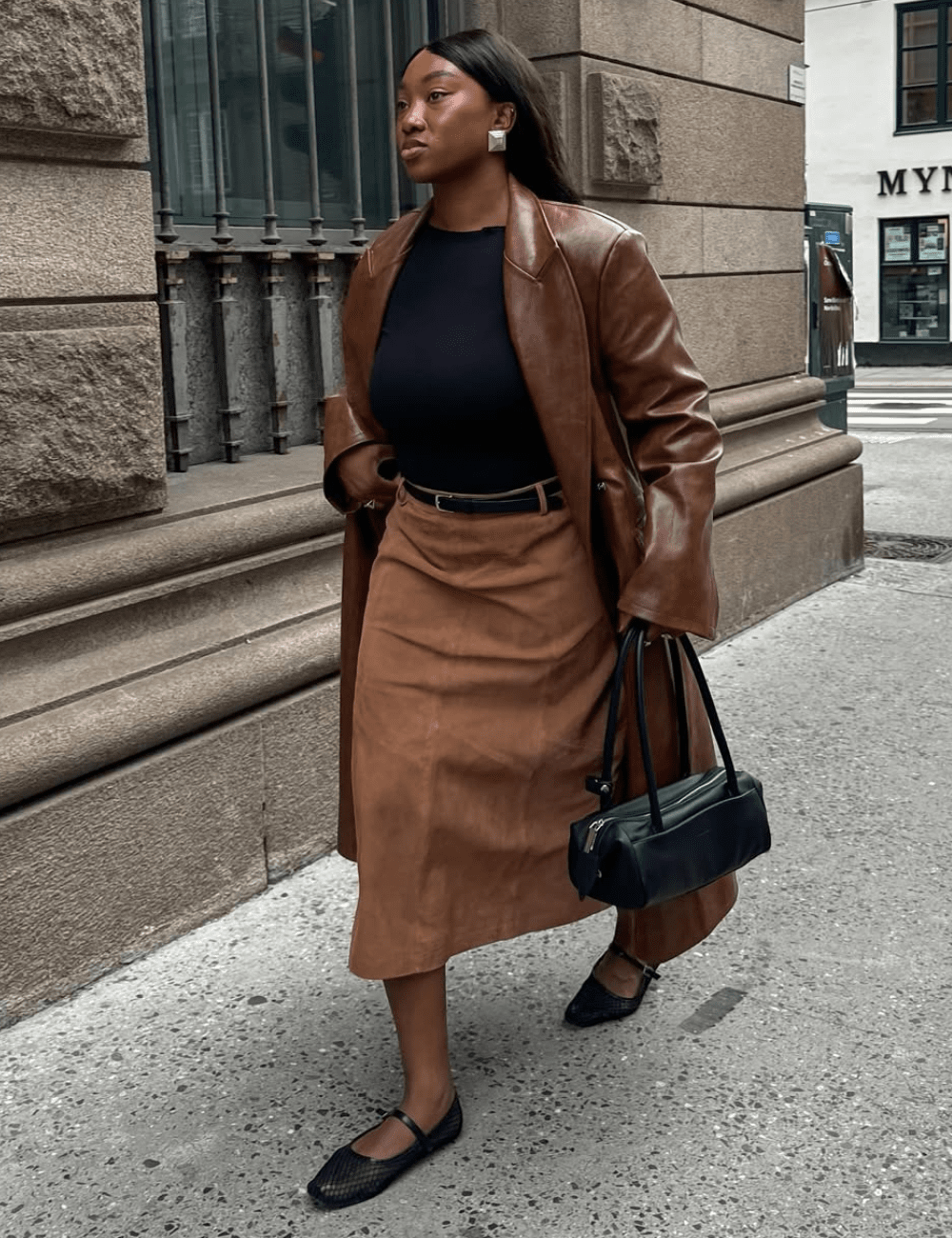 Suede Midi Skirt with Leather Trench Coat and Ballet Flats — Leather Skirt Outfits