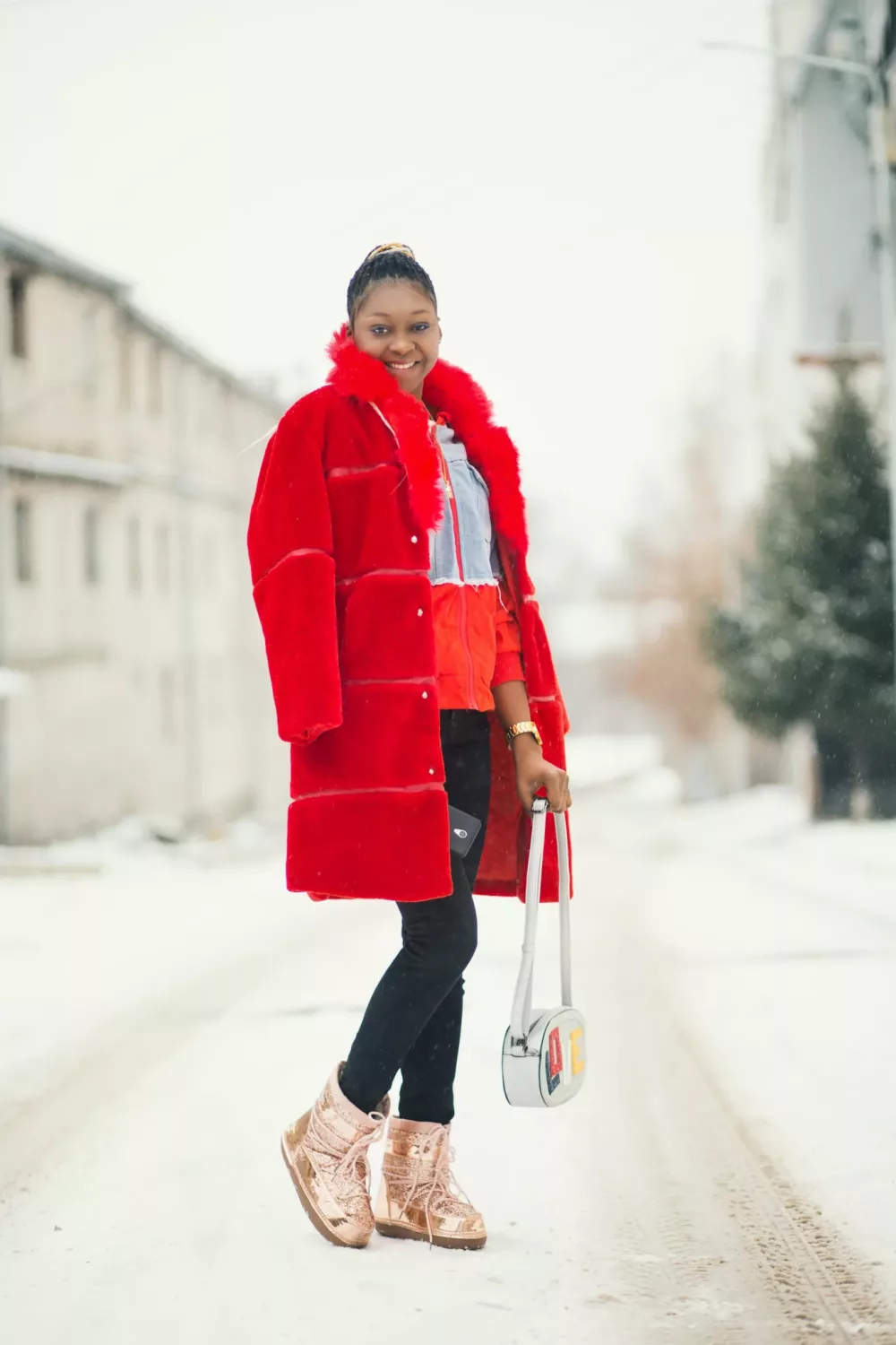 Vibrant Red Faux Fur Coat with Metallic Boots — Baddie Winter Outfits