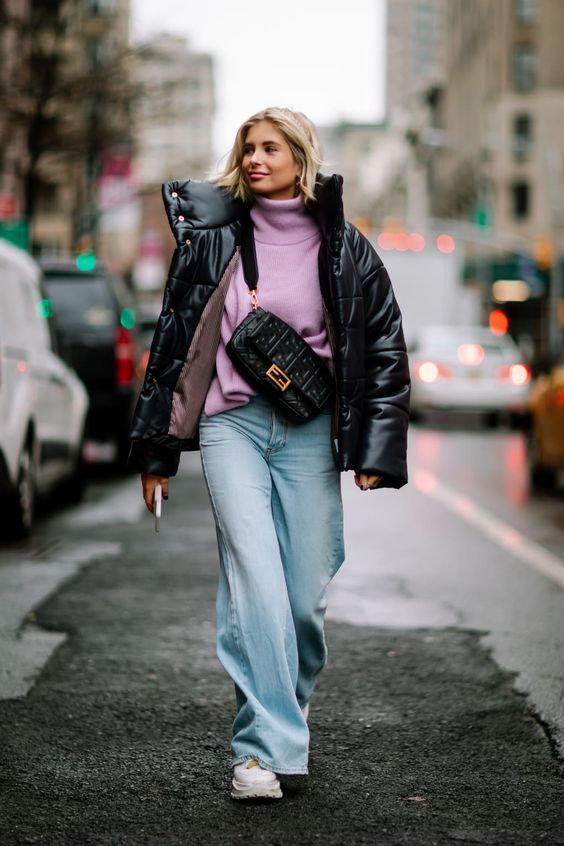 Puffer Jacket over Lilac Turtleneck Puffer Jacket over Lilac Turtleneck — Winter Streetwear Outfits