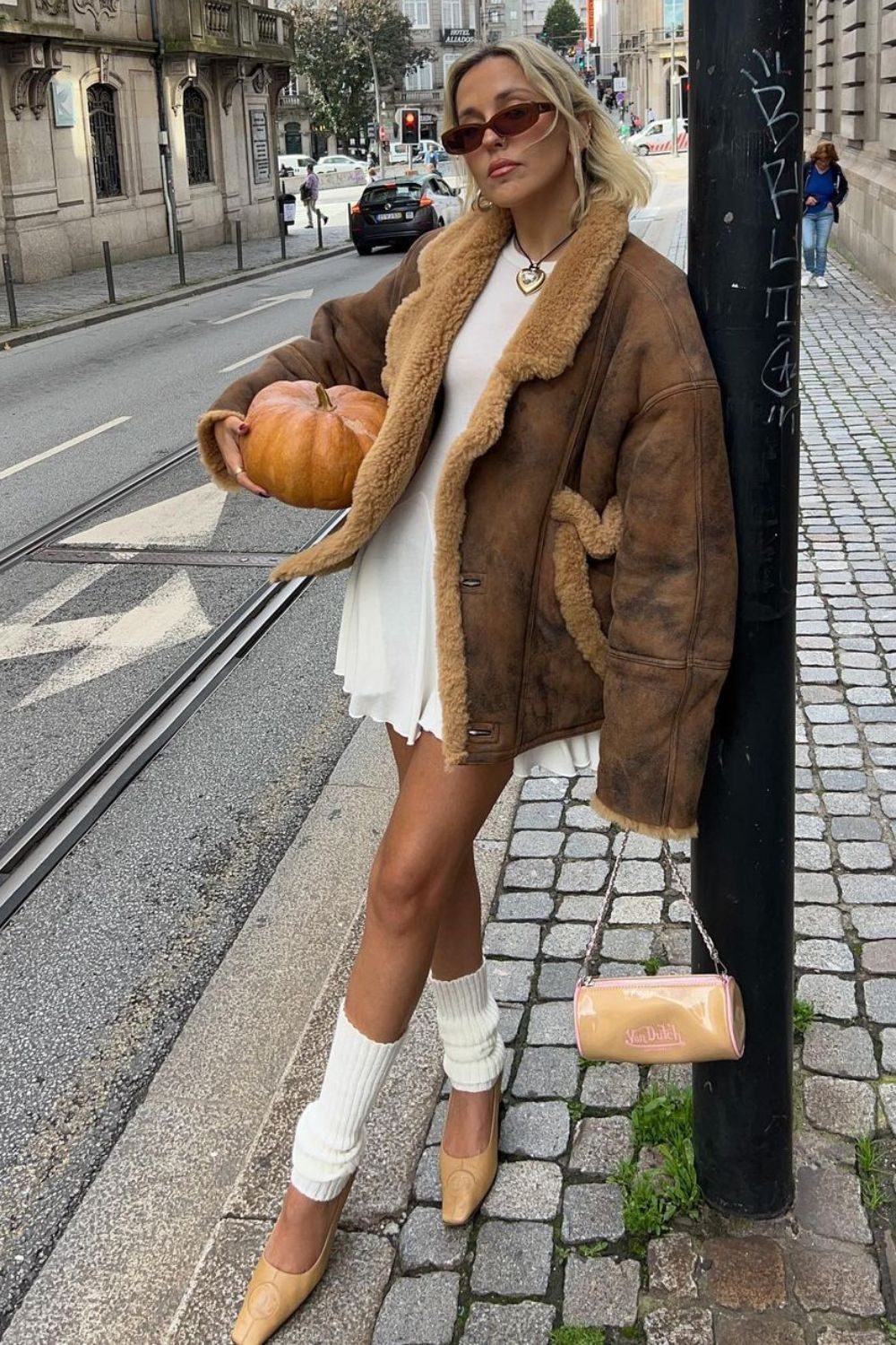 Cozy Shearling Jacket with White Leg Warmers and Mini Dress — Leg Warmers Outfits