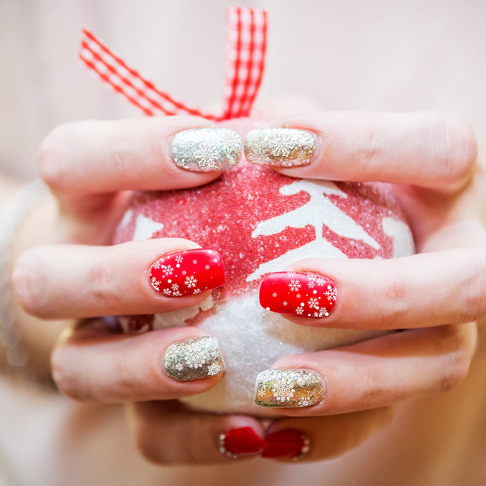Red Silver Glitter Gold Glitter White Visual Idea — Snowflake Nails