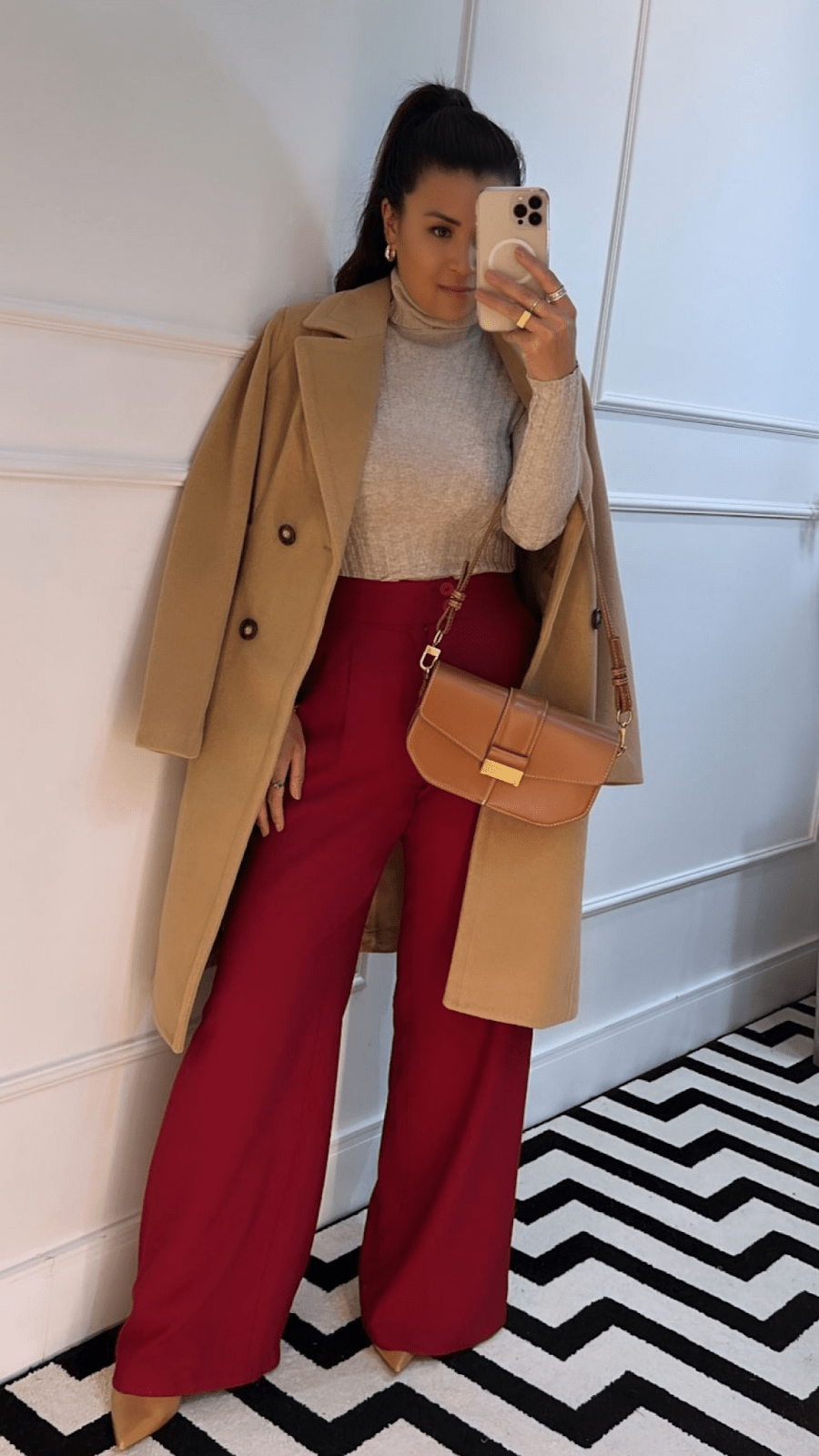 Camel Double-Breasted Coat Over Grey Turtleneck and Red Trousers for Brunch Camel Double-Breasted Coat Over Grey Turtleneck and Red Trousers for Brunch — Winter Brunch Outfits