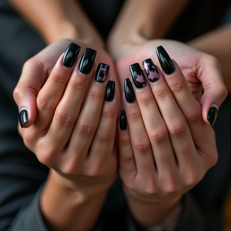 Medium Coffin Black with Pink Floral Accent Nails — Everyday Winter Nails