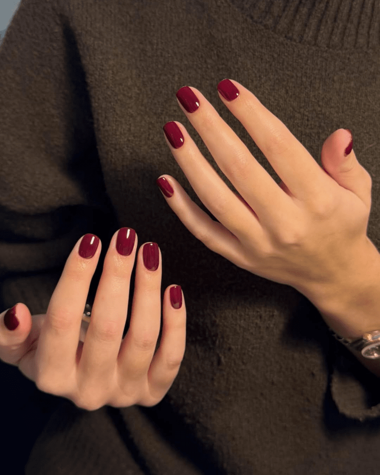 Cool-Toned Deep Burgundy Short Squovals — Winter Squoval Nails