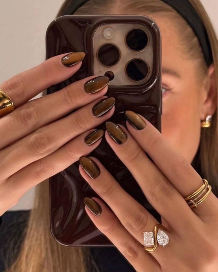 Glossy Coffee Brown Medium Almond — Medium Length Winter Nails