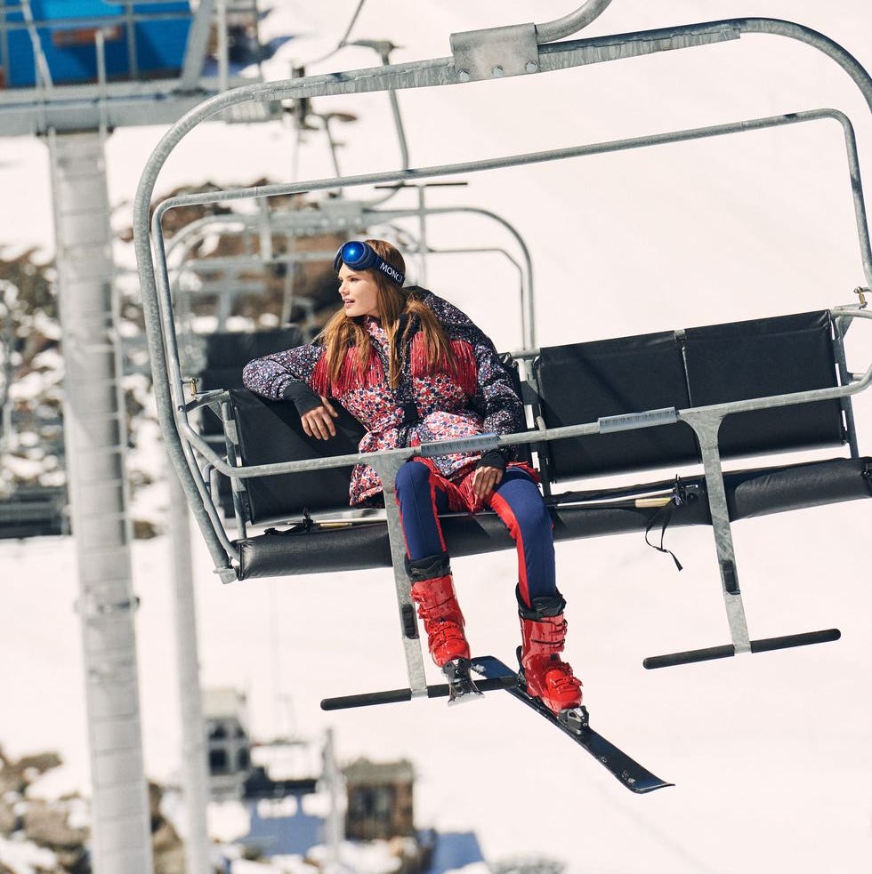 Vibrant Printed Jacket and Blue Pants for a Playful Apres-Ski Look Vibrant Printed Jacket and Blue Pants for a Playful Apres-Ski Look — Apres Ski Outfits