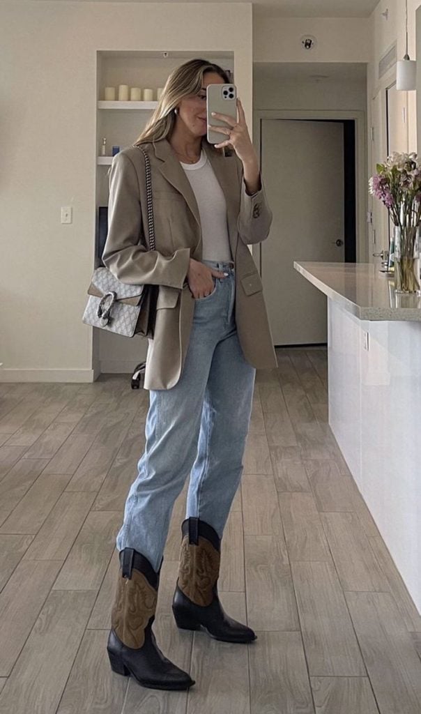Cowboy Boots with Jeans and Blazer Cowboy Boots with Jeans and Blazer — Winter Boots Outfits