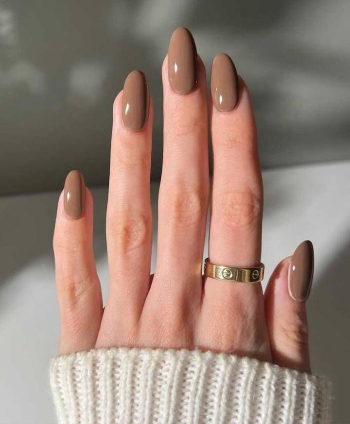 Warm Medium Brown Glossy Almond — Winter Nude Nails