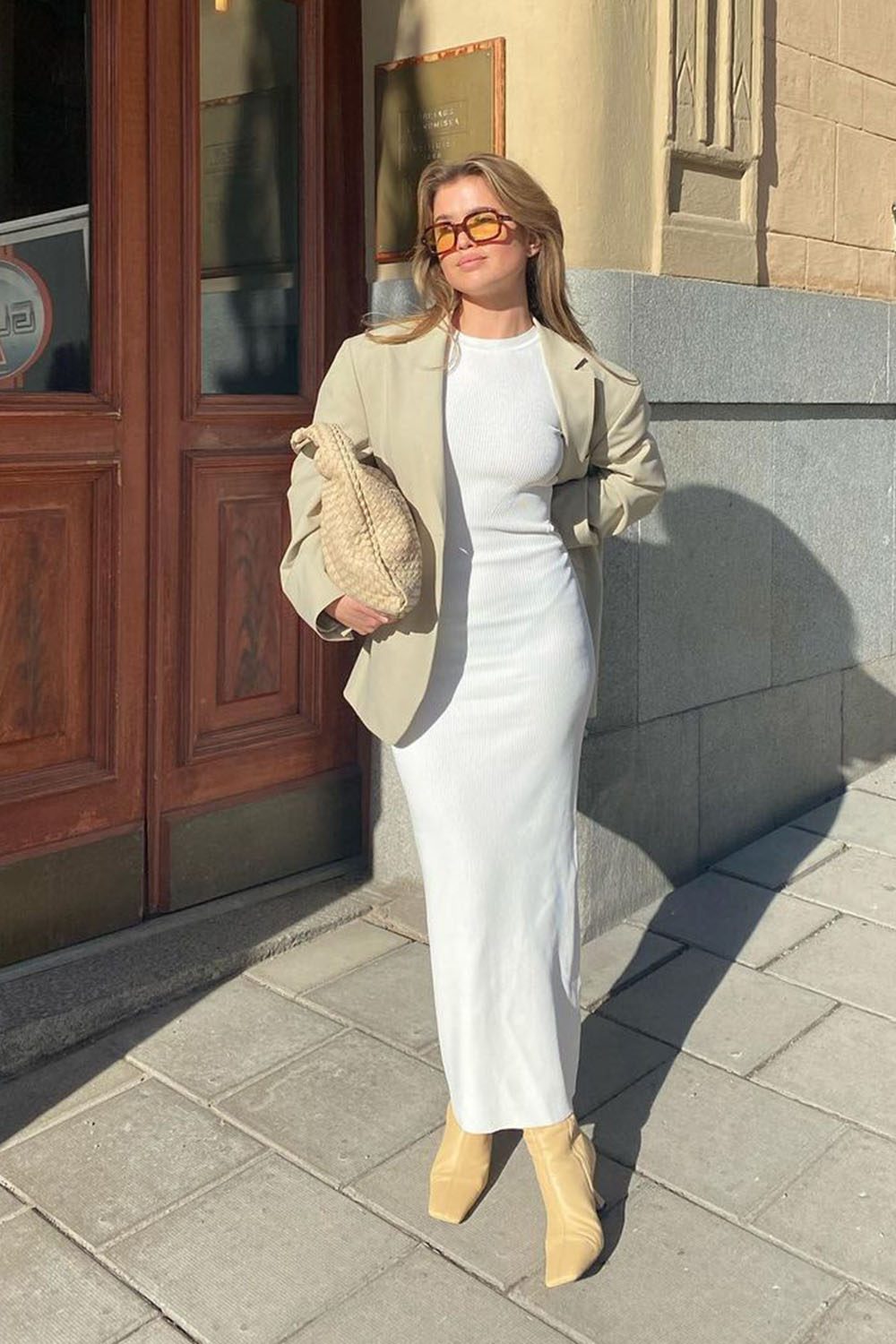 Ribbed Midi Dress with Oversized Blazer and Ankle Boots — Old Money Winter Outfits