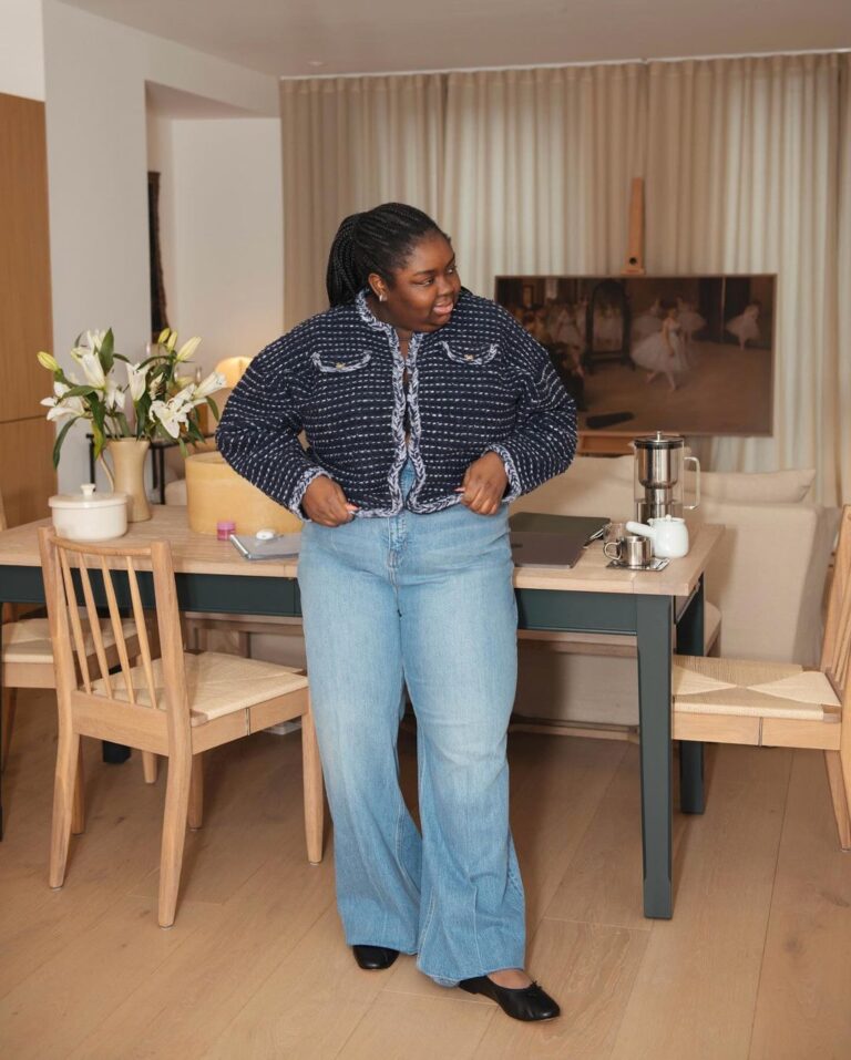 Casual Tweed Jacket Pairs with Light Blue Wide Leg Jeans Casual Tweed Jacket Pairs with Light Blue Wide Leg Jeans — Winter Outfits with Wide Leg Jeans