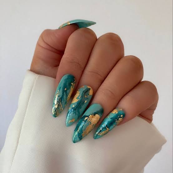 Teal Gold Foil Marble Teal Gold Foil Marble — Winter Marble Nails