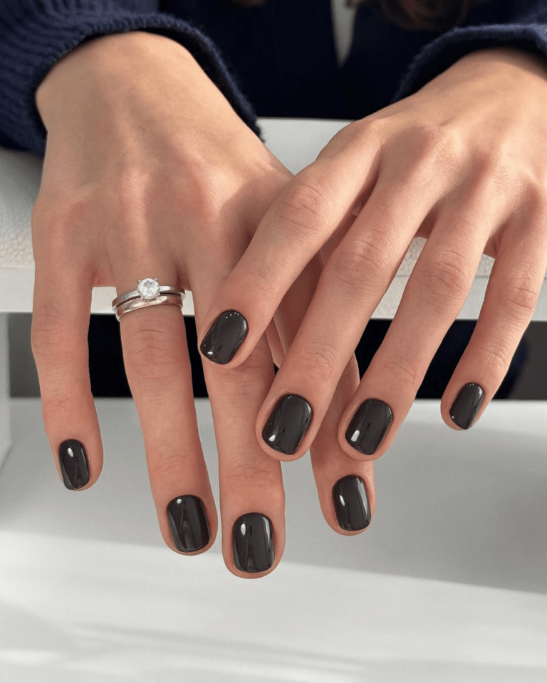 Short Square Dark Charcoal Grey Glossy Nails — Everyday Winter Nails
